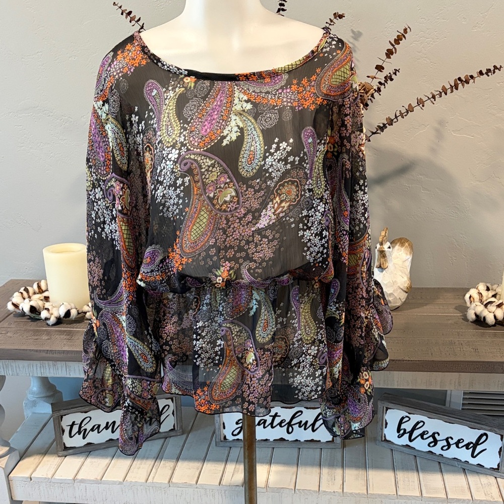 Sheer Paisley Ruffle Hem Black Blouse